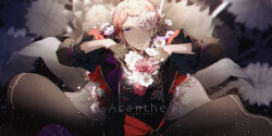 Rule 34 | 1boy, absurdres, belt, belt buckle, black belt, black capelet, black coat, black gloves, buckle, capelet, character name, coat, cracked skin, dreonya, earrings, ensemble stars!, floating clothes, floral background, floral print, flower, flower over eye, frilled capelet, frills, gloves, hands on own chest, hands up, head tilt, hermitage (ensemble stars!), highres, itsuki shu, jewelry, lapels, light particles, looking at viewer, male focus, official alternate costume, parted lips, pink flower, pink hair, purple eyes, rose print, short bangs, short hair, solo, song name, stud earrings, upper body, white flower