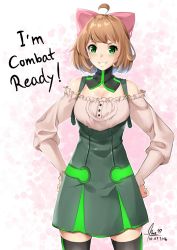 Rule 34 | 1girl, ahoge, black thighhighs, blush, breasts, brown hair, cleavage, dated, english text, freckles, frilled shirt, frills, green eyes, hands on own hips, large breasts, looking at viewer, lulu-chan92, neon trim, parted lips, penny polendina, rwby, shirt, short hair, signature, smile, solo, teeth, thighhighs