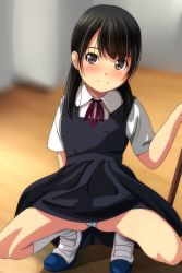 Rule 34 | 1girl, absurdres, black dress, black hair, blurry, blurry background, blush, brown eyes, closed mouth, collared shirt, depth of field, dress, hair over shoulder, highres, indoors, long hair, low twintails, matsunaga kouyou, neck ribbon, nose blush, original, panties, pinafore dress, red ribbon, ribbon, school uniform, shirt, shoes, short sleeves, sleeveless, sleeveless dress, smile, socks, solo, spread legs, squatting, striped clothes, striped panties, tiptoes, twintails, underwear, uwabaki, white footwear, white shirt, white socks, wooden floor