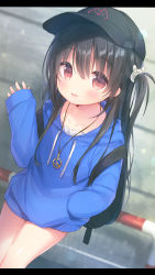 Rule 34 | 1girl, arm up, backpack, bag, baseball cap, black hair, black hat, blue dress, blue hoodie, blush, brown eyes, child, collarbone, commentary request, day, drawstring, dress, dutch angle, fang, hair between eyes, hair ornament, hand in pocket, hand up, hat, highres, hood, hood down, hoodie, jewelry, long hair, long sleeves, looking at viewer, necklace, one side up, open mouth, original, outdoors, parted lips, peace symbol, short dress, side ponytail, sleeves past wrists, smile, solo, standing, sweater, sweater dress, usashiro mani, very long hair, waving