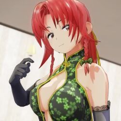 Rule 34 | 1girl, 3d, animated, bare shoulders, bouncing breasts, breasts, brown eyes, china dress, chinese clothes, cleavage, clothes pull, dress, hong meiling, large breasts, long hair, looking at viewer, lowres, mofumoko5, naughty face, no bra, red hair, seductive smile, smile, solo, tagme, teasing, thighs, touhou, video