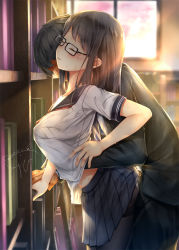 Rule 34 | 1boy, 1girl, ass, black hair, black pantyhose, black skirt, blush, book, breasts, closed eyes, commentary request, dated, faceless, faceless male, from side, glasses, grabbing, grabbing another&#039;s breast, hand under clothes, indoors, jacket, large breasts, library, long hair, neckerchief, original, pantyhose, red neckerchief, school uniform, serafuku, shirt, short hair, short sleeves, signature, skirt, sugiyuu, white shirt