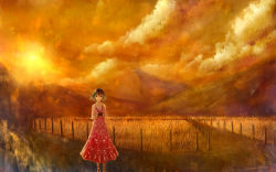 Rule 34 | 1girl, bare arms, black eyes, black hair, camera, cloud, cloudy sky, commentary request, dress, floral print, holding, holding camera, mountainous horizon, original, red dress, scenery, short hair, sky, smile, solo, standing, wheat, yellow sky