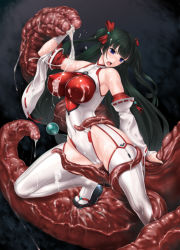 Rule 34 | 1girl, aragami mitsuru, black hair, blue eyes, bow, breasts, cameltoe, cleft of venus, covered erect nipples, covered navel, cum, cum on body, cum on breasts, cum on upper body, detached sleeves, hair bow, hair ribbon, japanese clothes, large breasts, long hair, miko, nontraditional miko, open mouth, original, ribbon, ribbon-trimmed sleeves, ribbon trim, rindou (radical dream), skin tight, solo, tabi, tentacles, thighhighs, twintails, two side up, very long hair