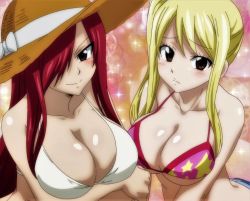 Rule 34 | 2girls, arms under breasts, bare shoulders, bikini, blonde hair, blush, bow, breasts, brown eyes, cleavage, closed mouth, collarbone, erza scarlet, eyelashes, fairy tail, hair over one eye, hand up, hat, hat bow, hat ribbon, highres, large breasts, leaning forward, long hair, looking at viewer, lucy heartfilia, multiple girls, neck, pink bikini, playing with own hair, print bikini, red hair, ribbon, screencap, seductive smile, shiny skin, short shorts, shorts, shy, smile, sparkle, sparkle background, standing, star (symbol), star print, swimsuit, upper body, v arms, white bikini, white bow, white ribbon