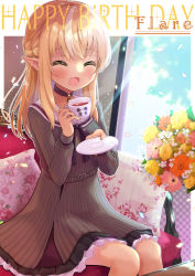 Rule 34 | 1girl, :d, ^ ^, black choker, blonde hair, blush, bouquet, braid, character name, chocomarybadend, choker, closed eyes, couch, cup, dark-skinned female, dark skin, dress, elf, flower, flower pot, french braid, grey dress, half updo, happy birthday, holding, holding cup, hololive, jewelry, kintsuba (shiranui flare), long hair, multicolored hair, on couch, open mouth, pendant, pinstripe dress, pinstripe pattern, pointy ears, sailor dress, shiranui flare, shiranui flare (street), sitting, sleeveless, sleeveless dress, smile, solo, streaked hair, striped, teacup, virtual youtuber, |d