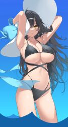Rule 34 | 1girl, absurdres, armpits, arms behind head, arms up, bare arms, bare shoulders, bikini, black bikini, black hair, blue bow, bow, breasts, cleavage, expressionless, halterneck, hat, hat bow, highres, large breasts, long hair, looking at viewer, multi-strapped bikini, myao (o3o333), navel, one eye covered, original, skindentation, solo, standing, stomach, string bikini, sun hat, swimsuit, thighs, very long hair, wading, white hat, yellow eyes