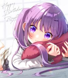 Rule 34 | 1girl, barefoot, blush, closed mouth, commentary, gochuumon wa usagi desu ka?, hair ornament, hairclip, happy birthday, heart, highres, long hair, long sleeves, looking at viewer, lying, mozukun43, on stomach, plaid, plaid skirt, pleated skirt, purple eyes, purple hair, skirt, smile, solo, tedeza rize, the pose, twintails