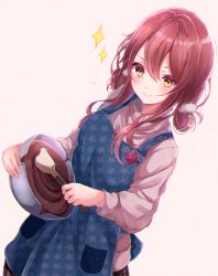 Rule 34 | &gt;:), 1girl, absurdres, apron, bad id, bad pixiv id, black skirt, blue apron, blush, bowl, brown eyes, brown hair, brown sweater, chocolate, closed mouth, commentary request, hair between eyes, highres, holding, holding bowl, huge filesize, idolmaster, idolmaster shiny colors, long hair, long sleeves, looking at viewer, mixing bowl, osaki tenka, pink background, print apron, sa-ya2, simple background, skirt, smile, solo, sparkle, spatula, star (symbol), star print, sweater, turtleneck, turtleneck sweater, v-shaped eyebrows