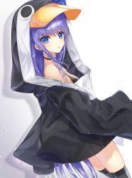 Rule 34 | 1girl, absurdres, amatsuji, animal costume, bare shoulders, black jacket, blue eyes, blue ribbon, blush, breasts, choker, collarbone, commentary request, commission, fate/grand order, fate (series), grey background, hair ribbon, highres, hood, hood up, hooded jacket, jacket, long hair, long sleeves, looking at viewer, meltryllis, meltryllis (fate), meltryllis (swimsuit lancer) (fate), meltryllis (swimsuit lancer) (first ascension) (fate), open mouth, parted lips, purple hair, ribbon, simple background, sleeves past fingers, sleeves past wrists, small breasts, smile, solo, swimsuit, very long hair, white background