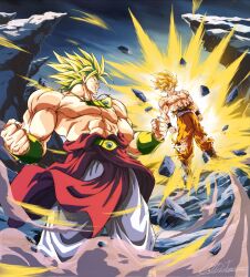 Rule 34 | abs, aura, battle damage, blonde hair, blue sash, blue shirt, boots, broly (dragon ball z), catdestroyer, clenched hands, clenched teeth, corrupted twitter file, debris, dougi, dragon ball, dragonball z, earrings, green hair, highres, injury, jewelry, legendary super saiyan, looking at another, medium hair, muscular, muscular male, no pupils, orange pants, orange shirt, pants, red eyes, sash, serious, shirt, sign, son goku, spiked hair, standing, super saiyan, teeth, torn clothes, torn pants, torn shirt, white pants
