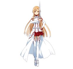 Rule 34 | 10s, 1girl, armor, asuna (sao), boots, brown eyes, brown hair, bunbun, detached sleeves, full body, hand on own hip, highres, holding, holding sword, holding weapon, long hair, long legs, looking at viewer, official art, pleated skirt, red skirt, skirt, solo, sword, sword art online, sword art online: code register, thigh boots, thighhighs, thighs, weapon, white armor, white background, white thighhighs