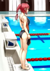 Rule 34 | 10s, 1girl, adapted costume, ahoge, alternate costume, ass, barefoot, competition swimsuit, from side, full body, goggles, unworn goggles, hair ribbon, holding, i-168 (kancolle), indoors, kantai collection, lane line, long hair, one-piece swimsuit, ponytail, pool, poolside, red eyes, red hair, ribbon, satsuki neko, standing, swimsuit