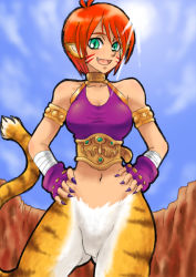 Rule 34 | 1girl, animal ears, breasts, breath of fire, breath of fire ii, bustier, cat ears, cat tail, facial mark, furry, furry female, gloves, green eyes, nail polish, no panties, no pants, orange hair, pointy ears, red hair, rinpoo chuan, short hair, solo, tail, tare (hiden no tare)