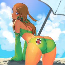 Rule 34 | 10s, 1girl, adapted costume, all fours, alternate costume, ass, back, bandeau, bare shoulders, beach, beach umbrella, bent over, bikini, blue eyes, blue sky, blush, brown hair, butt crack, cameltoe, closed mouth, cloud, day, eyebrows, eyelashes, from behind, gloves, green bikini, green eyes, green gloves, headphones, headphones around neck, konami kirie, leaning, leaning forward, long hair, looking at viewer, looking back, ocean, orange hair, outdoors, sand, shadow, shiny skin, short shorts, shorts, skin tight, sky, solo, strapless, swimsuit, tan, umbrella, world trigger, ○● (artist)