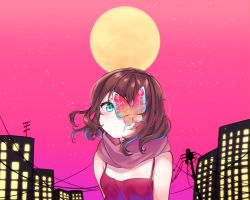 Rule 34 | 1girl, bad id, bad pixiv id, bare shoulders, blush, brown hair, bug, building, butterfly, character request, commentary, dress, frown, green eyes, highres, bug, looking at viewer, medium hair, moon, outdoors, pink scarf, red dress, red sky, scarf, sky, solo, urim (paintur), vocaloid