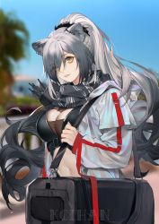 Rule 34 | 1girl, absurdres, animal ears, arknights, artist name, bag, black scarf, blue sky, blurry, blurry background, breasts, cleavage, commentary request, day, depth of field, duffel bag, ear piercing, eyes visible through hair, gradient hair, grey hair, hair over one eye, high ponytail, highres, jacket, koi han, large breasts, layered sleeves, long hair, long sleeves, looking at viewer, multicolored hair, navel, open clothes, open jacket, outdoors, parted lips, piercing, ponytail, scarf, schwarz (arknights), short over long sleeves, short sleeves, sky, sleeves past wrists, smile, solo, standing, very long hair, white jacket, yellow eyes