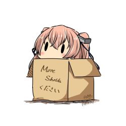 Rule 34 | 1girl, box, cardboard box, commentary request, dated, english text, hair between eyes, hair ornament, hatsuzuki 527, in box, in container, johnston (kancolle), kantai collection, light brown hair, long hair, simple background, solid oval eyes, solo, translation request, twintails, twitter username, white background