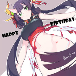 Rule 34 | 1girl, aosora kamiya, artist name, blunt bangs, borrowed character, bottomless, breasts, closed mouth, dutch angle, expressionless, green eyes, grey background, hair censor, happy birthday, highres, hip focus, horns, large breasts, long hair, looking at viewer, low twintails, navel, oni horns, original, pointy ears, purple hair, signature, single horn, solo, thick eyebrows, thighs, torn clothes, twintails, two-tone background, white background