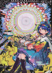 Rule 34 | 1girl, abstract, abstract background, black footwear, blue eyes, blue hair, blue skirt, blush, boots, cape, closed mouth, commentary, fingernails, full body, hairband, highres, hito (nito563), looking at viewer, multicolored hairband, own hands together, red shirt, shirt, short hair, sitting, skirt, tenkyuu chimata, touhou, two-tone shirt, white cape, yellow shirt, | |