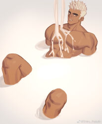 Rule 34 | 1boy, abs, bara, dark-skinned male, dark skin, facial hair, food on body, food on pectorals, from above, highres, huge eyebrows, large pectorals, male focus, medium sideburns, milk, mismatched eyebrows, muscular, muscular male, nipples, nude, original, partially submerged, pectorals, pool, pouring, short hair, sideburns stubble, sideways glance, solo, stubble, white hair, white theme, youchi123
