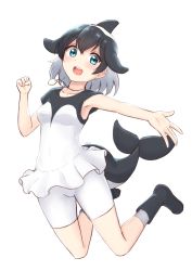 Rule 34 | 1girl, :d, absurdres, aqua eyes, bare arms, bike shorts, black footwear, black hair, boots, breasts, cetacean tail, clenched hand, collarbone, commentary, commerson&#039;s dolphin (kemono friends), dolphin girl, dorsal fin, fins, fish tail, full body, hair between eyes, highres, jewelry, jumping, kemono friends, looking at viewer, medium breasts, medium hair, multicolored hair, open mouth, outstretched arm, pendant, shiraha maru, simple background, smile, solo, tail, two-tone hair, white background, white hair