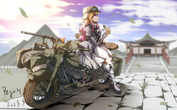 Rule 34 | 1girl, absurdres, black dress, black footwear, bmw r75, brown hair, chinese commentary, closed mouth, cloud, commentary request, dated, dress, from side, full body, gradient hair, highres, hijiri byakuren, holding gourd, juliet sleeves, long hair, long sleeves, military, motor vehicle, motorcycle, mountain, multicolored hair, outdoors, puffy sleeves, purple hair, pzgr.40, shrine, signature, sky, solo, touhou, variant set, white dress, yellow eyes