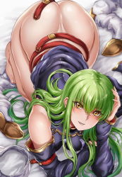 Rule 34 | 1girl, all fours, ass, bare shoulders, barefoot, belt, black dress, blush, boots, unworn boots, bottomless, breasts, c.c., clothes lift, code geass, commentary request, cosplay, detached sleeves, dress, dress lift, from above, granblue fantasy, green hair, hair between eyes, highres, hikari (komitiookami), large breasts, long hair, looking at viewer, parted lips, revision, smile, solo, thigh boots, thighhighs, top-down bottom-up, tweyen (granblue fantasy), tweyen (granblue fantasy) (cosplay), undressing, white footwear, yellow eyes