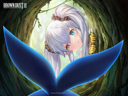 Rule 34 | 1girl, :&lt;, blue eyes, brown dust 2, copyright name, dress, eyebrows hidden by hair, gloves, grey hair, hair tie, heterochromia, highres, long hair, monster, official art, official wallpaper, peeking out, red eyes, refithea (brown dust), second-party source, sleeveless, sleeveless dress, solo, star-shaped pupils, star (symbol), symbol-shaped pupils, tree hollow, twing glutti, twintails, upper body, very long hair, yellow dress, yellow gloves