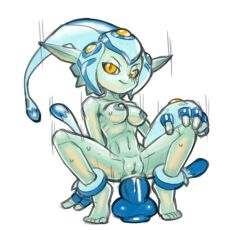 Rule 34 | 1girl, anal, anal object insertion, barefoot, blue gloves, blue headwear, breasts, cleft of venus, colored skin, digimon, digimon (creature), dildo, dildo riding, feet, female focus, female masturbation, fingerless gloves, gloves, green skin, half-closed eyes, hand on own knee, happy, helmet, looking at viewer, masturbation, medium breasts, motion lines, navel, nipples, nude, object insertion, orange eyes, orange gemstone, parted lips, pointy ears, pussy, ranamon, ribs, rockthebull, sex toy, simple background, sketch, smile, solo, spread legs, stomach, sweat, uncensored, v-shaped eyebrows, white background