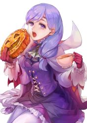 Rule 34 | breasts, buttons, cake, cape, circlet, commentary request, cup, dress, eating, fire emblem, fire emblem: path of radiance, fire emblem heroes, food, gloves, halloween costume, highres, ilyana (fire emblem), jack-o&#039;-lantern, kokouno oyazi, long hair, long sleeves, looking at viewer, nintendo, open mouth, pantyhose, pumpkin, purple eyes, purple hair, red gloves, simple background, tea, teacup, teeth, white background, white pantyhose