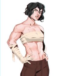 Rule 34 | 1girl, absurdres, bandaged arm, bandages, black hair, brown pants, cassandra (tangled), cowboy shot, green eyes, hands on own hips, highres, lara jenn, looking to the side, no shirt, pants, parted lips, scar, scar on stomach, short hair, solo, sweat, tangled, white background