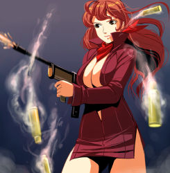 Rule 34 | 1girl, ascot, bad id, bad pixiv id, breasts, brown hair, bullet, casing ejection, cleavage, cowboy shot, firing, gun, holding, holding gun, holding weapon, huge breasts, kouno (masao), long hair, lupin iii, machine gun, mine fujiko, muzzle flash, open clothes, open shirt, scarf, shell casing, shirt, solo, tms entertainment, weapon