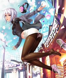 Rule 34 | 1girl, amamiya shisui, ass, blue sky, breasts, brown eyes, cloud, commentary, day, feet, female focus, full body, headphones, highres, jacket, lilith-soft, long sleeves, medium breasts, midriff, miniskirt, navel, off shoulder, official art, open clothes, open jacket, open mouth, outdoors, panties, panties under pantyhose, pantyhose, petals, sano toshihide, shoe loss, shoes, unworn shoes, single shoe, skirt, sky, sleeves past wrists, sneakers, solo, stuffed animal, stuffed toy, taimanin (series), taimanin asagi kessen arena, turtleneck, underwear, white hair