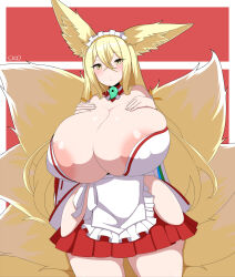Rule 34 | 1girl, animal ear fluff, animal ears, apron, areola slip, blonde hair, blush, breasts, choker, cleavage, closed mouth, collarbone, covered erect nipples, cowboy shot, crossed bangs, curvy, detached collar, female focus, fox ears, fox girl, fox tail, gigantic breasts, hair between eyes, hands on own chest, highres, hip vent, hirume of heavenly incense, huge breasts, japanese clothes, jewelry, kitsune, kyuubi, large areolae, large tail, last origin, long hair, looking at viewer, magatama, magatama necklace, maid apron, maid headdress, multiple tails, necklace, revealing clothes, sidelocks, skirt, solo, standing, suhey345, tail, thick thighs, thighs, very long hair, wide hips, wide sleeves, yellow eyes
