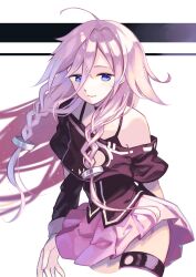 Rule 34 | 1girl, absurdres, ahoge, bare shoulders, beekan, blonde hair, blue eyes, braid, choker, floating hair, hair between eyes, highres, ia (vocaloid), light particles, long hair, looking at viewer, off shoulder, pink skirt, pleated skirt, shirt, simple background, skirt, smile, solo, thigh strap, twin braids, very long hair, vocaloid