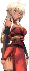 Rule 34 | 1girl, absurdres, antenna hair, bare shoulders, blonde hair, blush, breasts, cleavage, closed mouth, commentary request, dark-skinned female, dark elf, dark skin, detached sleeves, elf, hair between eyes, highres, jun (aousa0328), large breasts, long hair, looking at viewer, obi, pointy ears, rope, sansei muramasa, sash, shimenawa, simple background, solo, soukou akki muramasa, thighs, white background, yellow eyes