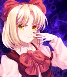 Rule 34 | 1girl, blonde hair, blush, bow, bowtie, brown vest, collared shirt, dungeon toaster, fingernails, gengetsu (touhou), grin, hair ribbon, highres, long sleeves, looking at viewer, nail polish, red bow, red bowtie, red nails, red ribbon, ribbon, shirt, short hair, sleeve garter, smile, solo, touhou, touhou (pc-98), upper body, vest, white shirt, yellow eyes