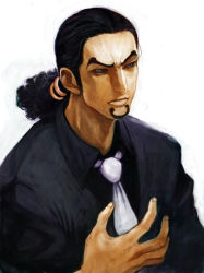 Rule 34 | 1boy, beard, black hair, black shirt, enies lobby, eyebrows, facial hair, formal, goatee, lack, long hair, male focus, necktie, one piece, ponytail, rob lucci, shirt, simple background, solo, suit, upper body, white background