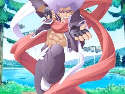 Rule 34 | 1boy, abs, afro, fingerless gloves, gloves, goggles, lake, male focus, purple hair, scarf, solo, what