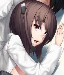 Rule 34 | 10s, 1boy, 1girl, admiral (kancolle), brown eyes, brown hair, close-up, grey background, h kasei, kantai collection, personification, short hair, simple background, taihou (kancolle)