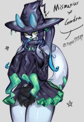 Rule 34 | antennae, belt, black hair, blue hair, breasts, colored sclera, colored skin, creatures (company), dress, frilled dress, frills, game freak, gen 4 pokemon, gen 6 pokemon, goodra, green eyes, grey skin, hat, highres, large breasts, looking at viewer, mismagius, monster girl, multicolored hair, nintendo, pokemon, pokemon (creature), pokemon dppt, pokemon xy, sideboob, sidelocks, slime girl, tail, thick thighs, thighs, togetoge, tongue, tongue out, twintails, very long sleeves, wide hips, witch, witch hat, yellow sclera