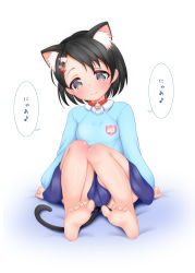 Rule 34 | animal ear fluff, animal ears, arm support, bare legs, barefoot, bell, black eyes, black hair, blue shirt, blue skirt, blush, breasts, cat ears, child, clenched hands, collar, commentary request, feet, foot focus, foreshortening, hair ornament, hairclip, highres, hosizora mikoto, idolmaster, idolmaster cinderella girls, kindergarten uniform, long sleeves, name tag, neck bell, sasaki chie, shirt, short hair, sitting, skirt, small breasts, smile, solo, translated, white background, white shirt, wing collar
