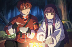 Rule 34 | 1boy, 1girl, bowl, brown eyes, coat, cooking, cooking pot, expressionless, fern (sousou no frieren), fingerless gloves, fire, forest, gloves, holding, holding bowl, holding spoon, long hair, long sleeves, looking at another, nature, night, nyoro (nyoronyoro000), open mouth, purple eyes, purple hair, red hair, scarf, short hair, sousou no frieren, spoon, stark (sousou no frieren), winter clothes