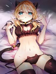 Rule 34 | 10s, 1girl, :o, anchor hair ornament, animal ears, artist name, bare arms, bare shoulders, bed sheet, bell, black bra, black panties, black ribbon, black thighhighs, blonde hair, blue eyes, blush, bow, bra, breasts, cameltoe, cat ear panties, cat ears, cat lingerie, choker, cleavage, cleavage cutout, clothing cutout, collarbone, covered erect nipples, cowboy shot, frilled bra, frills, gluteal fold, hair between eyes, hair ornament, highres, jingle bell, kantai collection, kemonomimi mode, large breasts, looking at viewer, low twintails, lying, meme attire, navel, nia, nia (leafunia), off shoulder, on back, on bed, panties, parted lips, pillow, pink bow, prinz eugen (kancolle), revision, ribbon, shiny skin, short hair with long locks, side-tie panties, solo, stomach, strap pull, tail, tail bow, tail ornament, tareme, thighhighs, twintails, underwear, underwear only