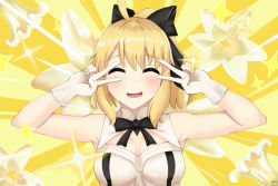 Rule 34 | 1girl, absurdres, ahoge, artoria pendragon (all), artoria pendragon (fate), bare shoulders, blonde hair, blush, bow, breasts, commentary, double v, dress, emotional engine - full drive, fate/grand order, fate (series), gloves, hair bow, highres, large breasts, mark1019, open mouth, ponytail, saber lily, smile, solo, v, white gloves