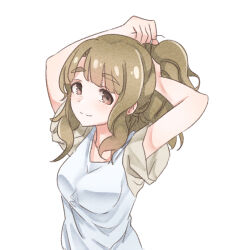 Rule 34 | 1girl, aa211108, arms up, blush, breasts, brown eyes, brown hair, closed mouth, dot nose, forehead, hair over shoulder, hands in own hair, idolmaster, idolmaster million live!, idolmaster million live! theater days, light smile, looking at viewer, medium breasts, miyao miya, parted bangs, ponytail, short sleeves, sidelocks, simple background, solo, thick eyebrows, two-tone shirt, upper body, wavy hair, white background