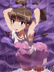 Rule 34 | 1girl, amano nene (digimon xros wars), armpits, arms behind head, bad end, breasts, brown hair, digestion, digimon, digimon xros wars, empty eyes, highres, hun (uyonis), image sample, inside creature, interspecies, licking, licking armpit, pixiv sample, purple eyes, restrained, skirt, small breasts, tentacle pit, tentacles, vore, wet