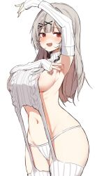 Rule 34 | 1girl, :d, arm up, armpits, blush, breasts, cowboy shot, detached sleeves, fang, grey hair, hair ornament, highres, hololive, large breasts, long hair, long sleeves, meme attire, navel, open mouth, orange nails, orobou, panties, red eyes, sakamata chloe, sideboob, sideways glance, simple background, skin fang, sleeves past wrists, smile, solo, sweater, thighhighs, underwear, virgin destroyer sweater, virtual youtuber, white background, white panties, white sweater, white thighhighs, x hair ornament