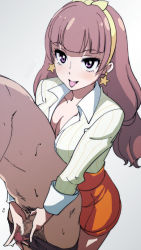 Rule 34 | 1girl, :p, amanogawa kirara, bad id, bad pixiv id, breasts, brown hair, censored, cleavage, clothed female nude male, earrings, go! princess precure, hairband, handjob, jewelry, long hair, mosaic censoring, naughty face, nude, penis, precure, purple eyes, reach-around, shimazu tekkou, solo focus, star (symbol), star earrings, tongue, tongue out, twintails
